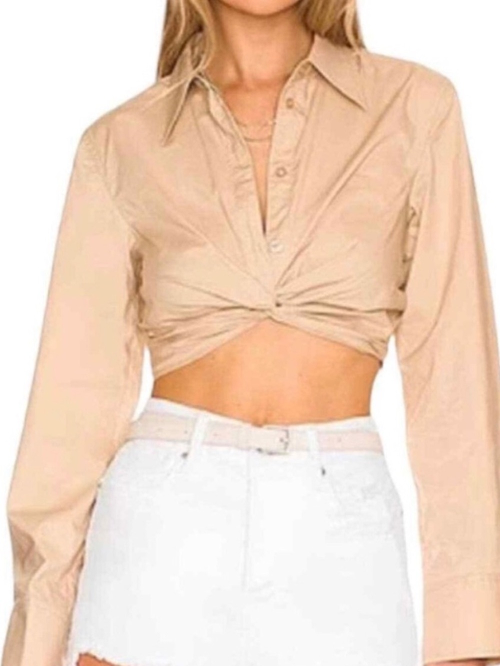 Jason Wu Twist Front Cropped Button Front Blouse Beige Cotton Stretch Size Small